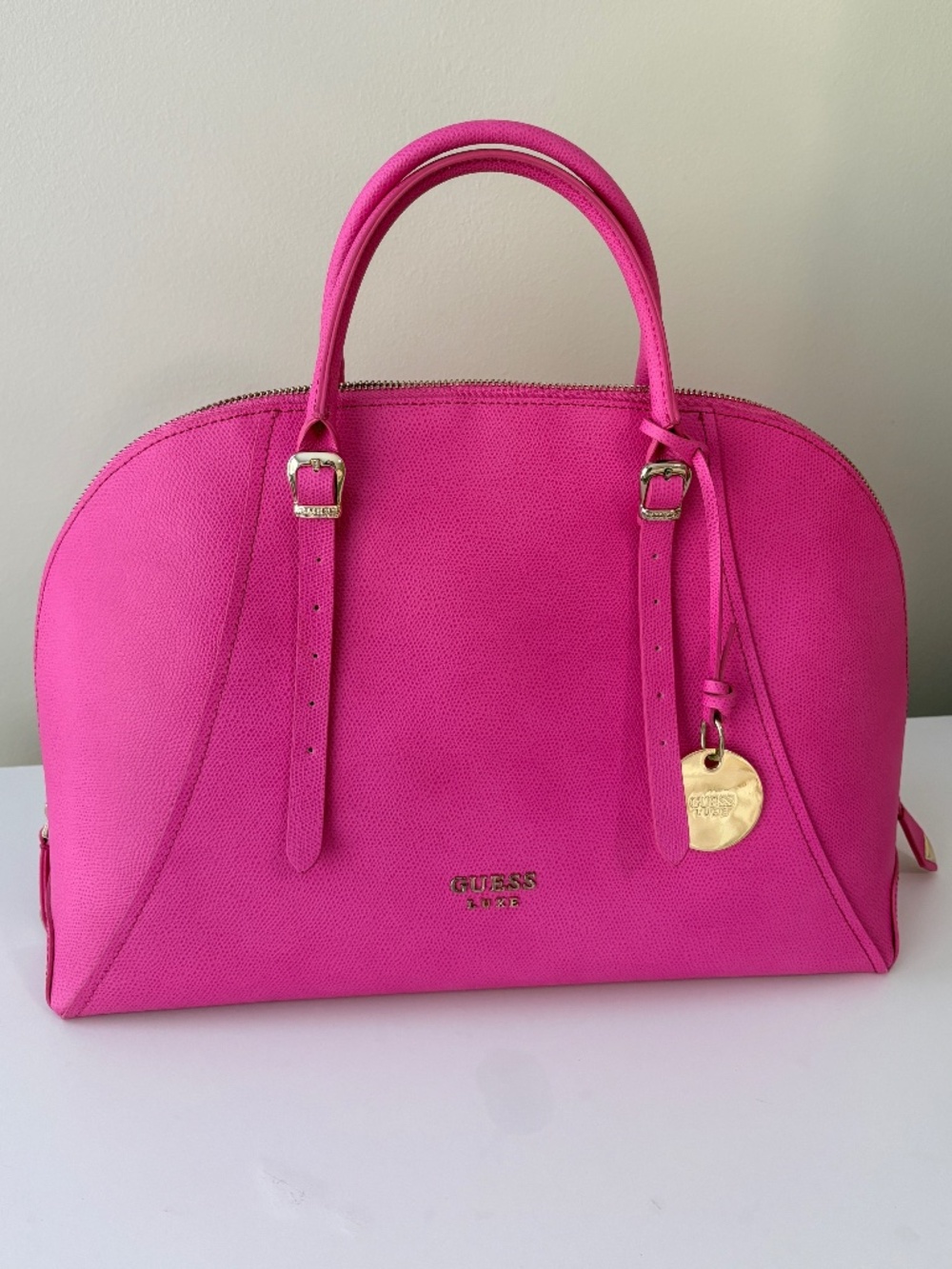 GUESS LUXE Hot Pink Genuine Leather Dome Satchel Large Bowling Bag NWOT